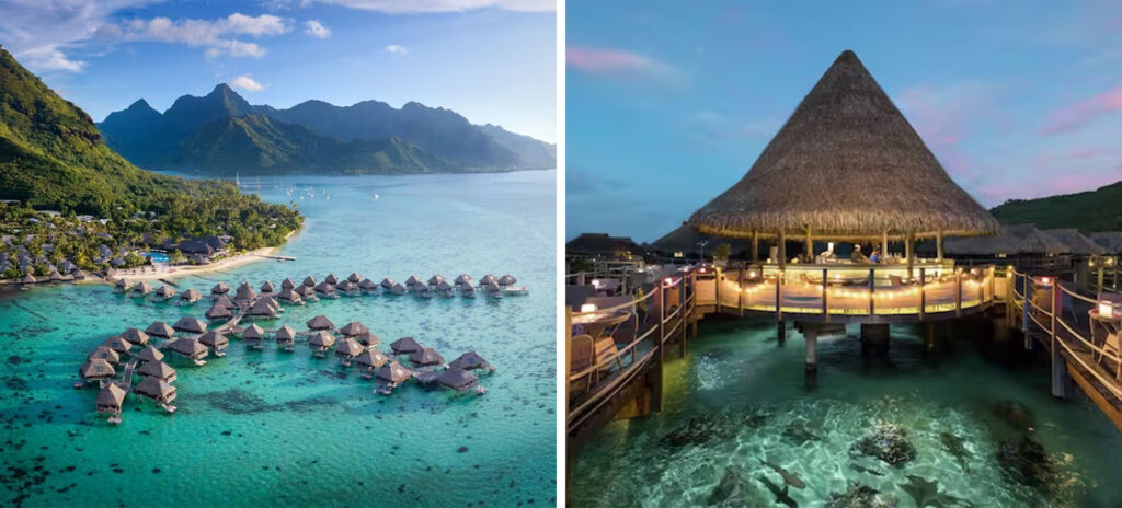 Aerial view of overwater bungalows at Hilton Moorea Lagoon Resort & Spa (left) and exterior view of overwater building on property (right)