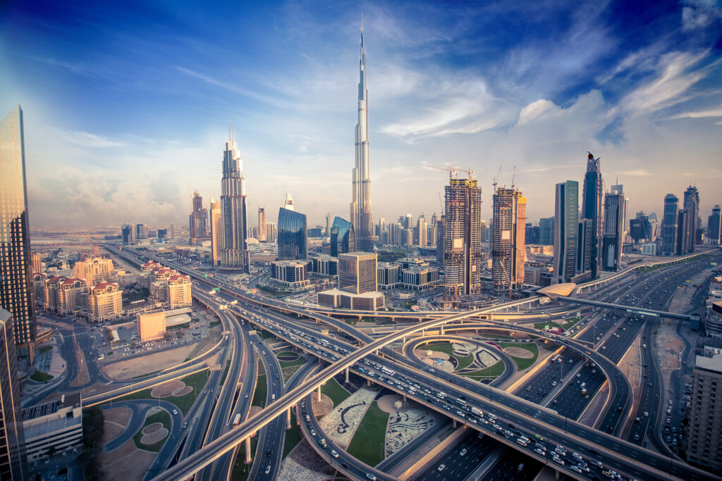 Aerial view of Dubai in the United Arab Emirates at dusk