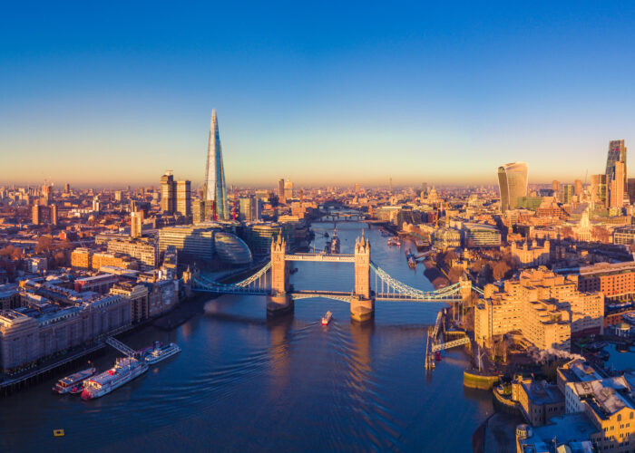 Aerial panorama of London and the river Thames