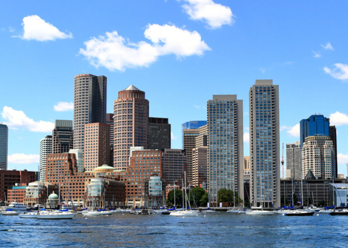 Boston skyline seen over the water