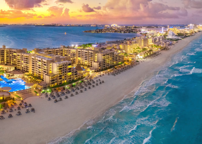 Aerial view of Cancún at sunset