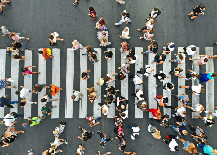 Aerial view of pedestrians in a crosswalk