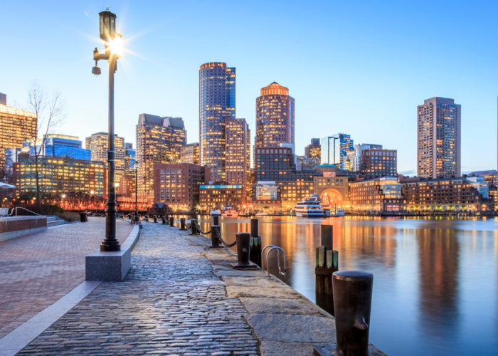 Boston Harbor and skyline of the Financial District in Boston, Massachusetts