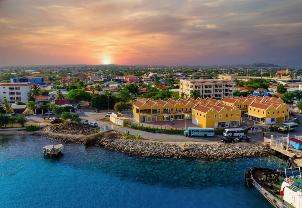 Aerial view of the Port of Bonaire at sunset