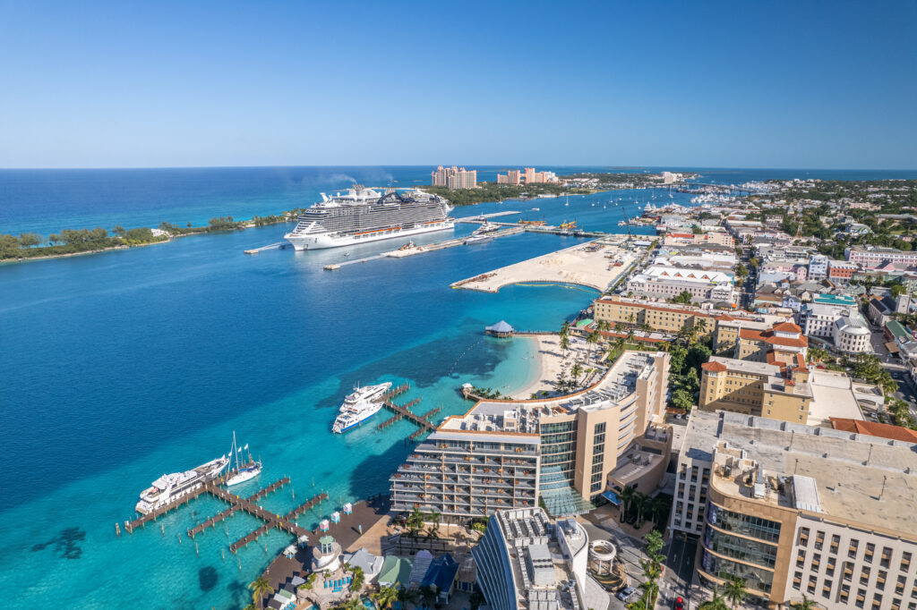Aerial view of downtown Nassau city and Paradise Island, Bahamas