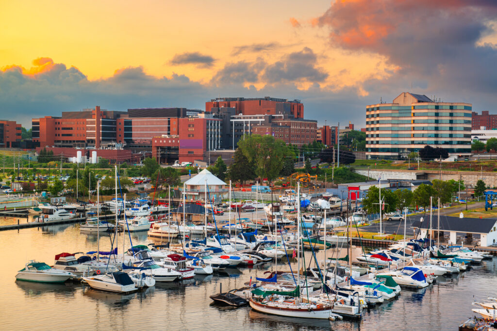 Boat-filled marina in Erie, Pennsylvania USA at sunset