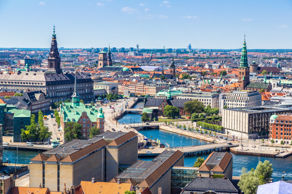 Aerial skyline of Copenhagen, Denmark on a sunny day