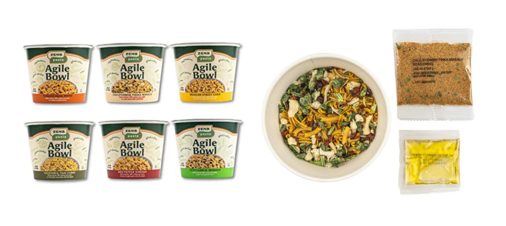 Multiple flavors of ZENB Pasta Agile Bowls and an overhead shot of an open bowl with seasoning packets on the side