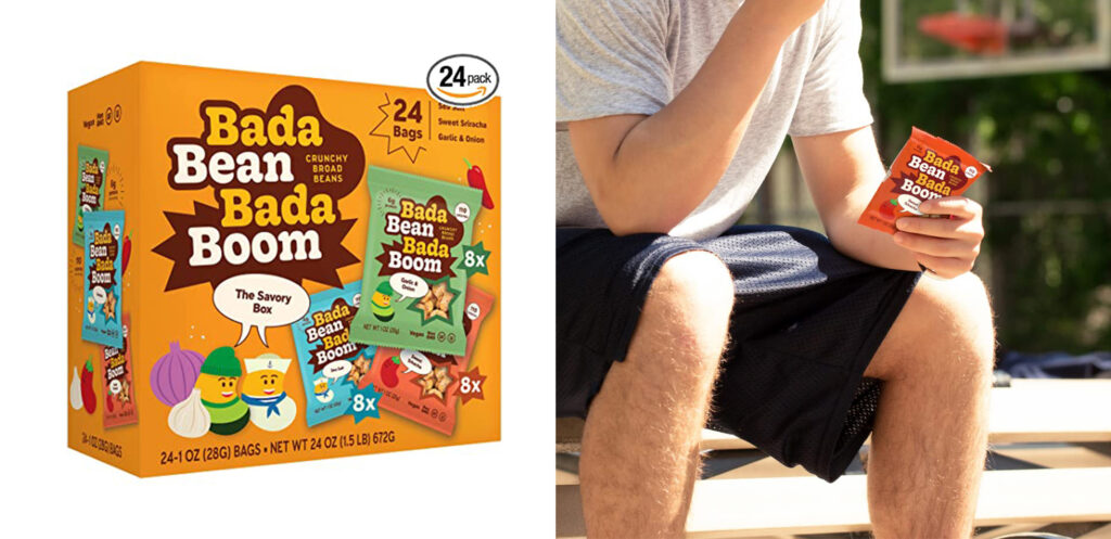 Box of Bada Bean Bada Boom snacks (left) and man eating snacks from package (right)