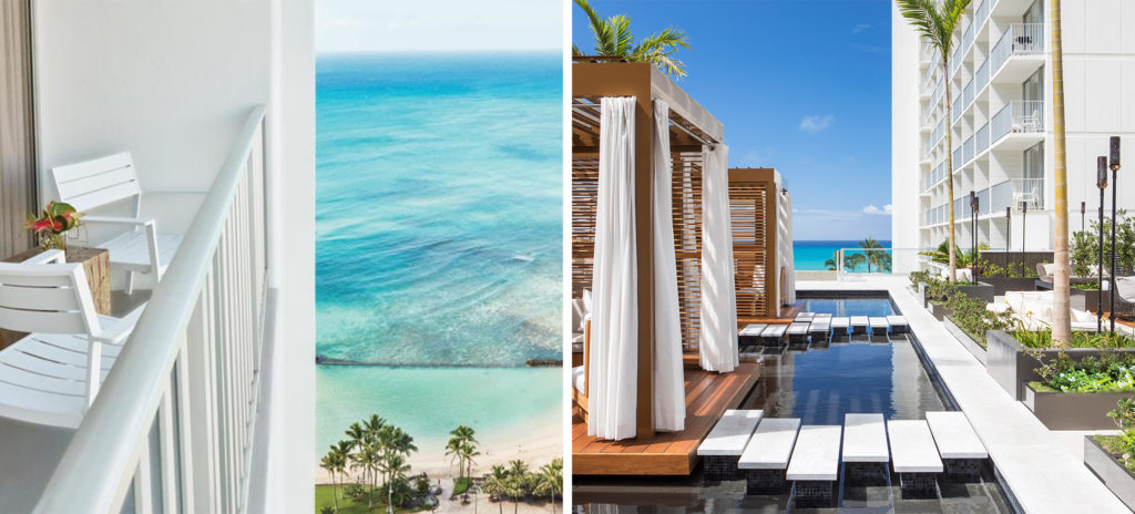 Balcony overlooking the ocean at Alohilani Resort Waikiki Beach (left) and view of the pool (right)