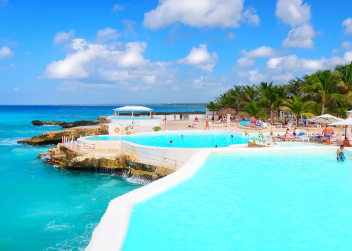 swimming pools at beach resort.