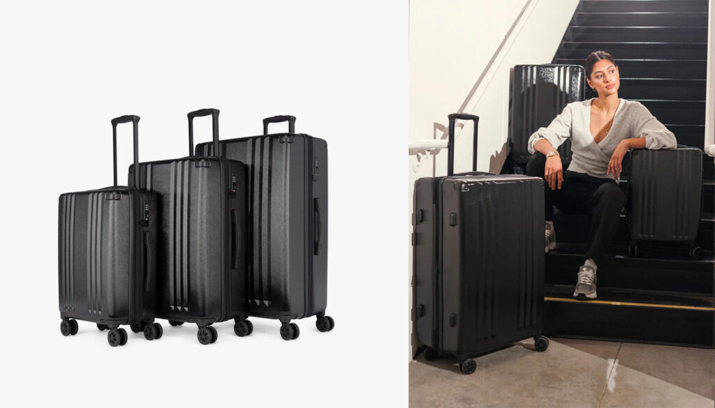 Calpak Ambeur 3-Piece Luggage Set (left) and woman posing with the Calpak Ambeur 3-Piece Luggage Set on a set of stairs (right)