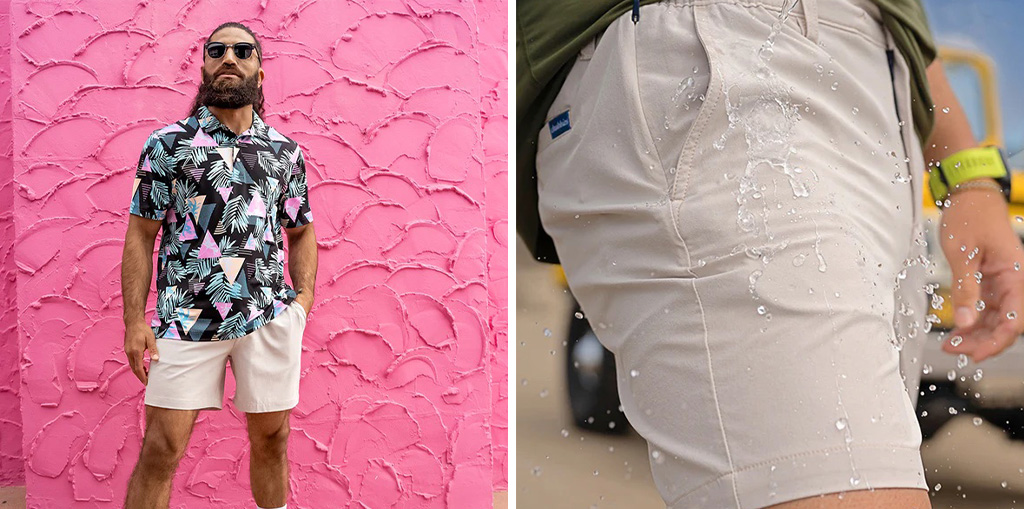 Model wearing Chubbie's Everywear Short in Khaki against a pink wall (left) and a close up of person pouring water on waterproof Everywear Shorts (right)