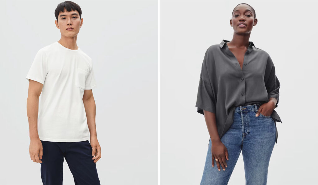 Models wearing the Drapey Square Shirt and the logo-free tee from Everlane