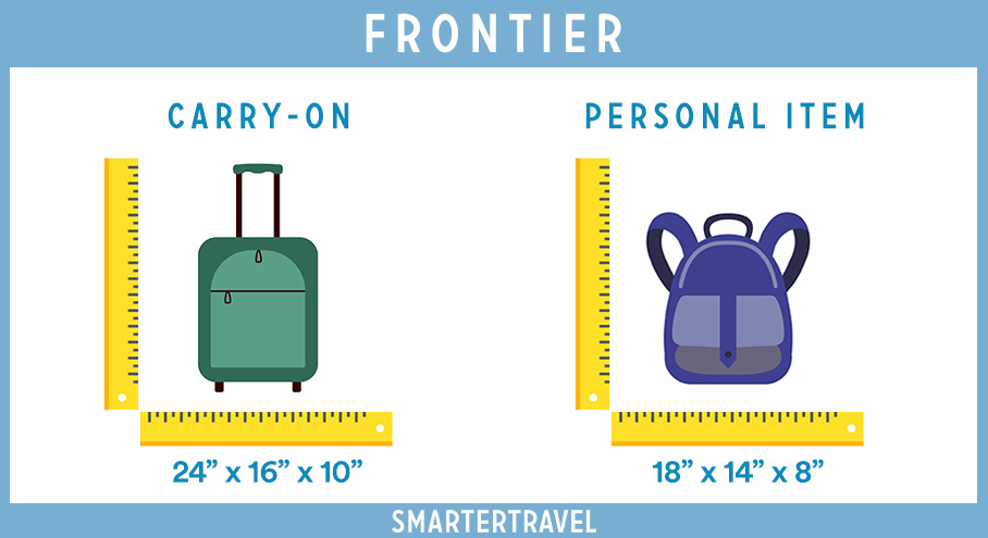 Graphic showing rulers measuring two piece of luggage side by side, listing the personal item and carry-on maximum dimensions for Frontier