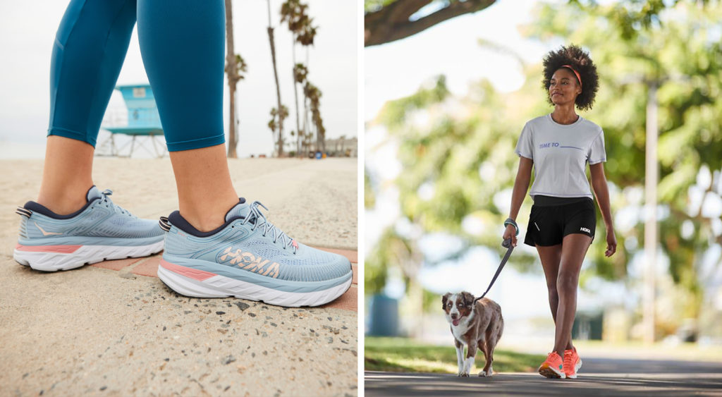 HOKA sneakers on feet (left) and woman walking dog wearing HOKA sneakers (right)