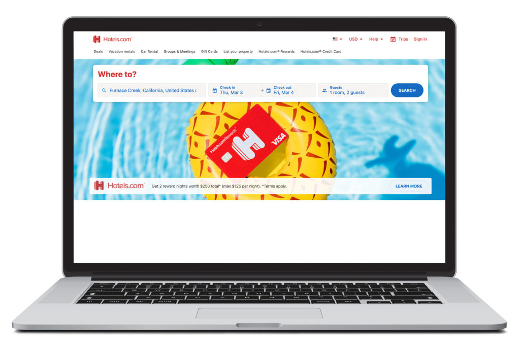 Open laptop showing home screen of Hotels.com, a site to make hotel bookings