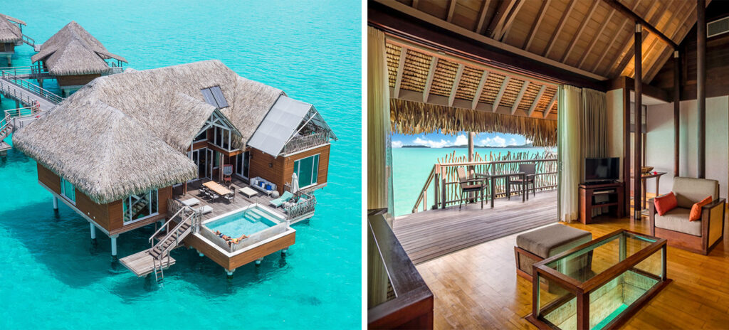 Exterior of overwater villa at InterContinental Bora Bora Resort & Thalasso Spa (left) and interior living area opening up onto the water in an overwater bungalow at InterContinental Bora Bora Resort & Thalasso Spa (right)