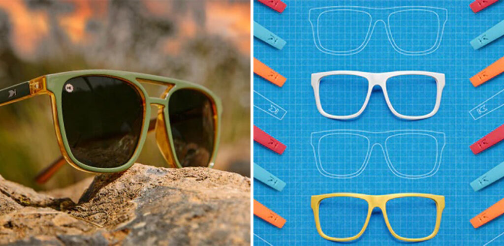 Knockaround sunglasses on a rock outdoors (left) and a graphic showing mix-and-match Knockaround frame options on a blue background (right)