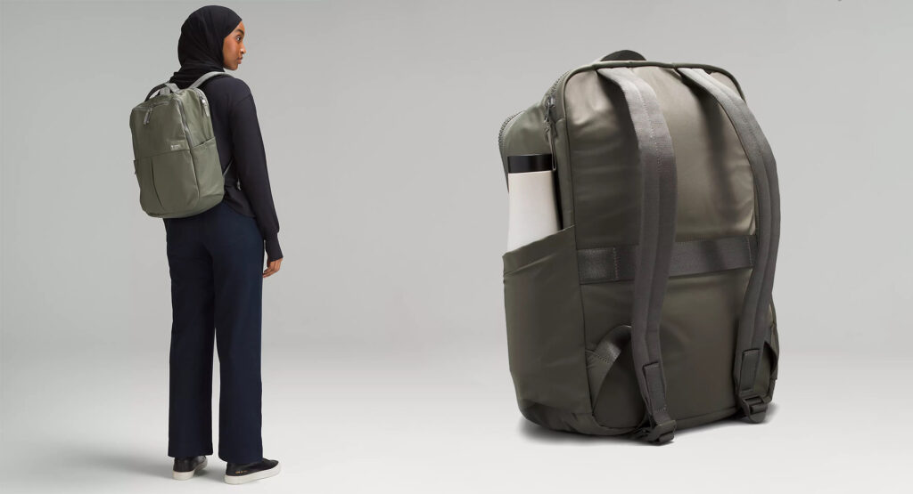 Model wearing lululemon's Everyday Backpack next to a close up of the same backpack