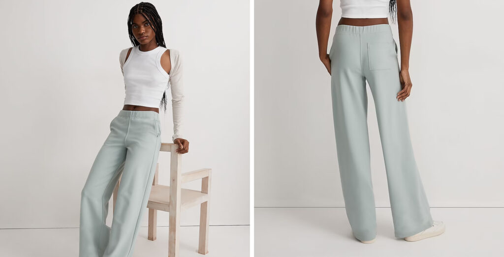 Model wearing the Madewell Ponte Wide-Leg Pants in pale green