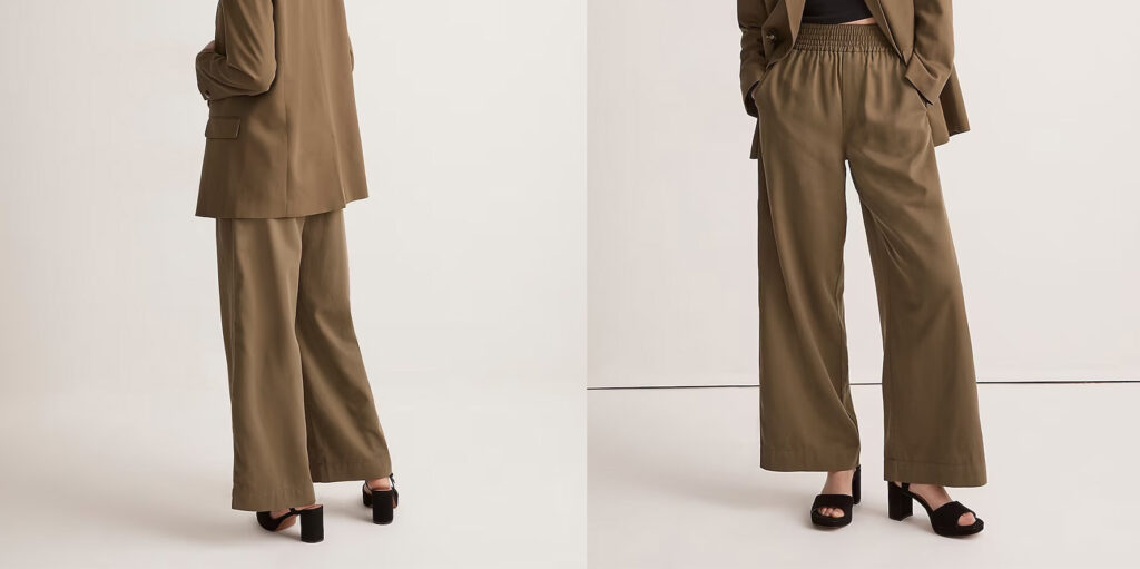 Model showing two angles of the Madewell Drapeweave Carley Wide-Leg Pants