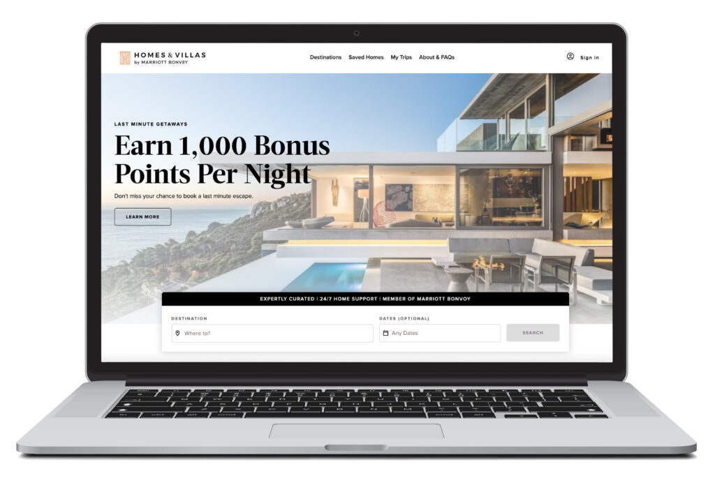 Digital rendering of a laptop showing the homepage of Marriott Homes & Villas
