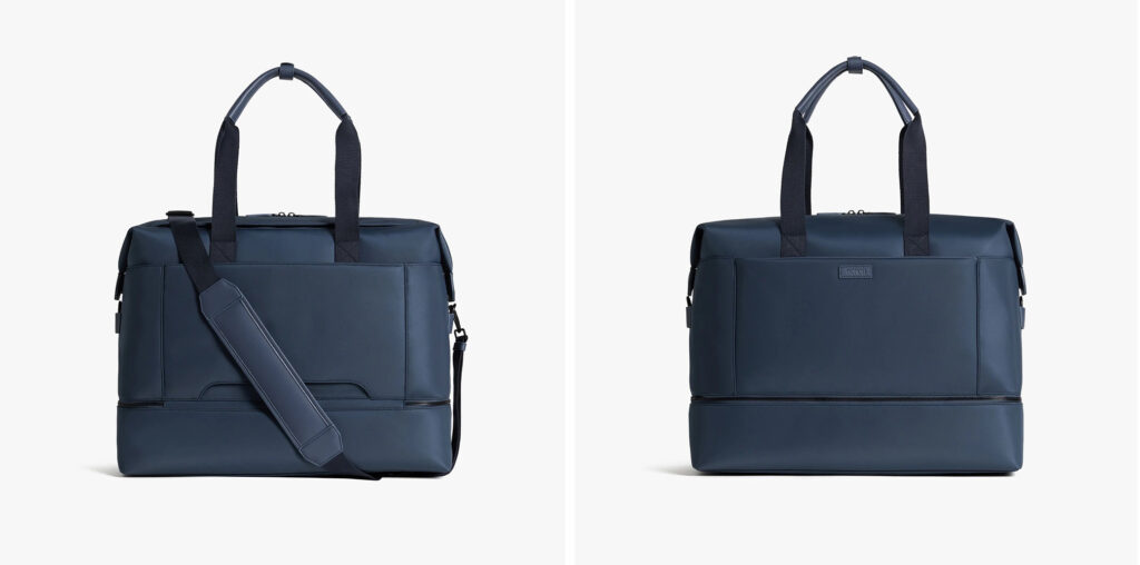 Front and back view of the Monos Metro Weekender in blue