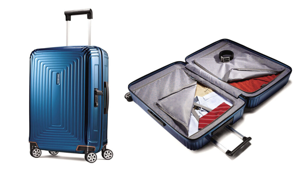 Two views, one closed and standing and one open laying on its side, of the Samsonite NeoPulse