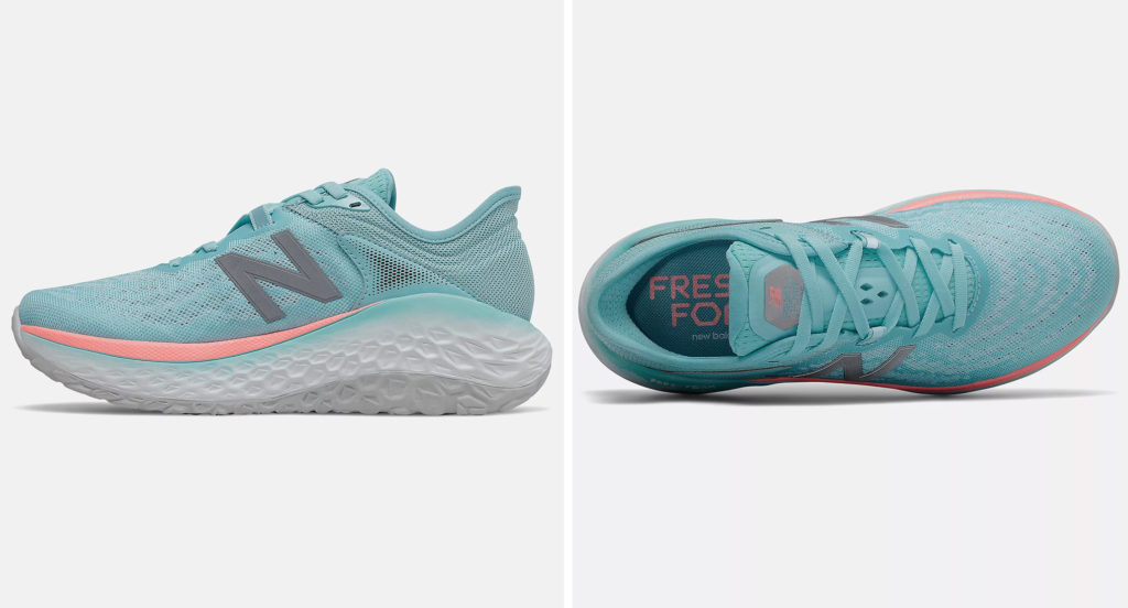 two views of the New Balance Fresh More v2 in teal with coral detail