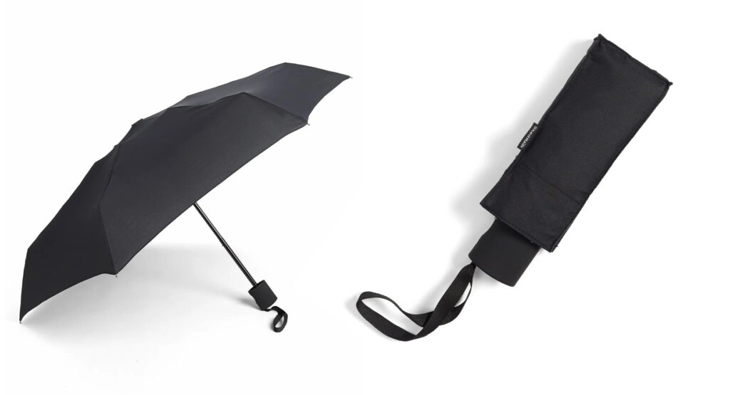 Open and closed view of Shedrain Supermini Flat Umbrella in black