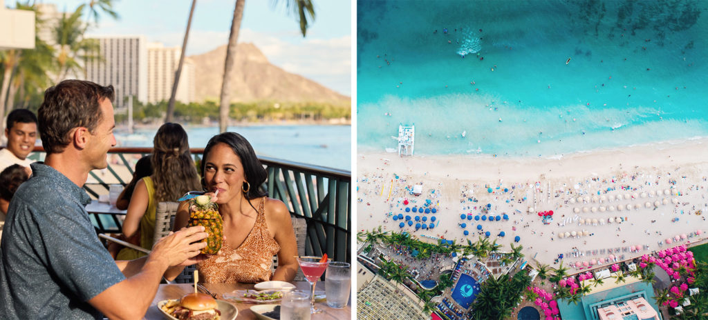 A couple enjoying a cocktail on the patio at Outrigger Waikiki Beach Resort (left) and an aerial view of the beach at Outrigger Waikiki Beach Resort (right)