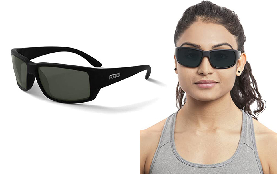 Pair of REKS Unbreakable Sunglasses (left) and person modeling REKS Unbreakable Sunglasses (right)
