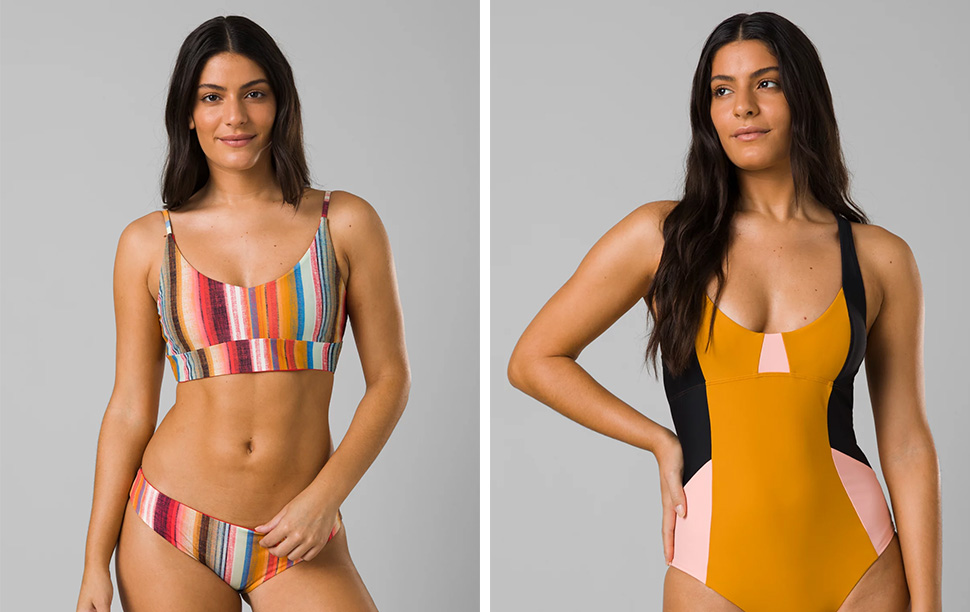 Model showing two bathing suits from the prAna swim collection