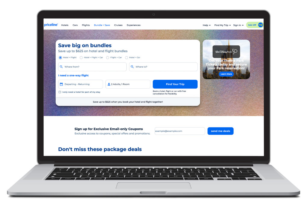Laptop showing homepage of priceline vacation packages booking site