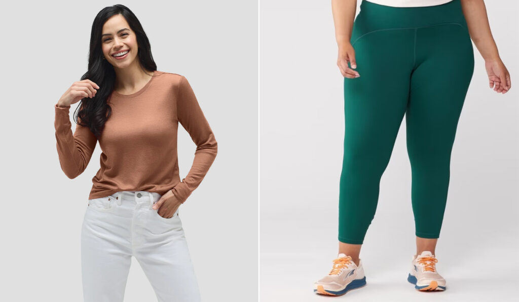 Models wearing the Active Pursuit 7/8 Tights from REI Co-op in green and the Unbound Merino Wool Long Sleeve shirt in tan