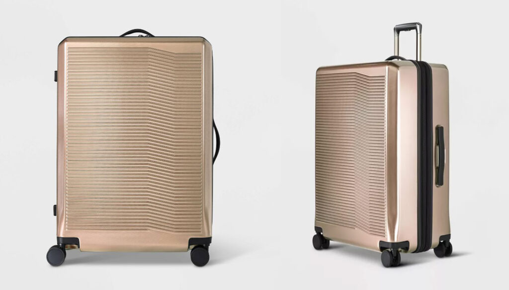 Two views of Open Story Hardside Checked Spinner Suitcase