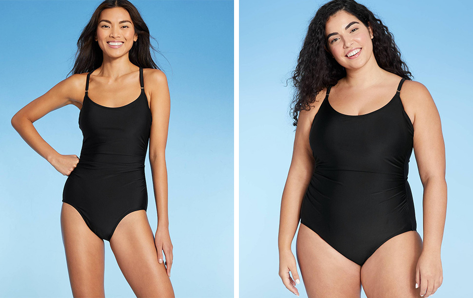 Two models wearing the same black one piece swimsuit from Target