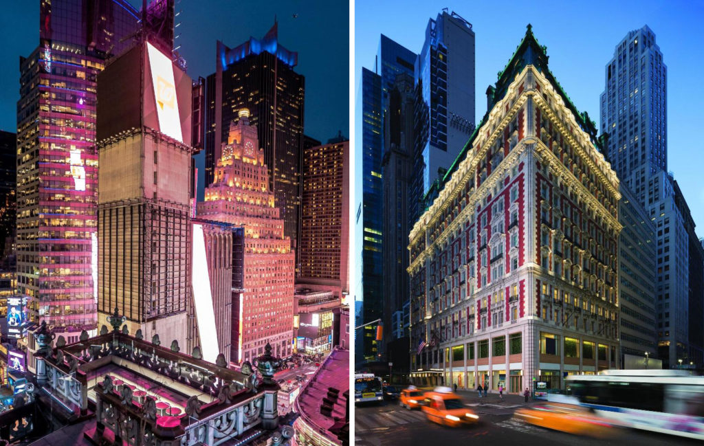 View from a balcony at the Knickerbocker Hotel in Manhattan (left) and exterior view of the Knickerbocker Hotel (right)
