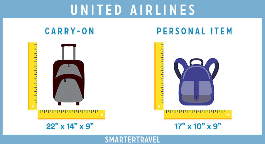 Graphic showing rulers measuring two piece of luggage side by side, listing the personal item and carry-on maximum dimensions for United Airlines