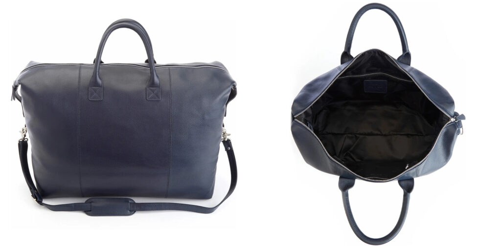 Two views of the Royce New York Weekend Leather Duffel Bag in blue