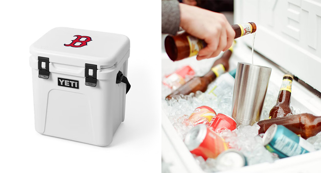 YETI Red Sox cooler (left) and person taking a beer out of a cooler full of bottles, cans, and ice (right)