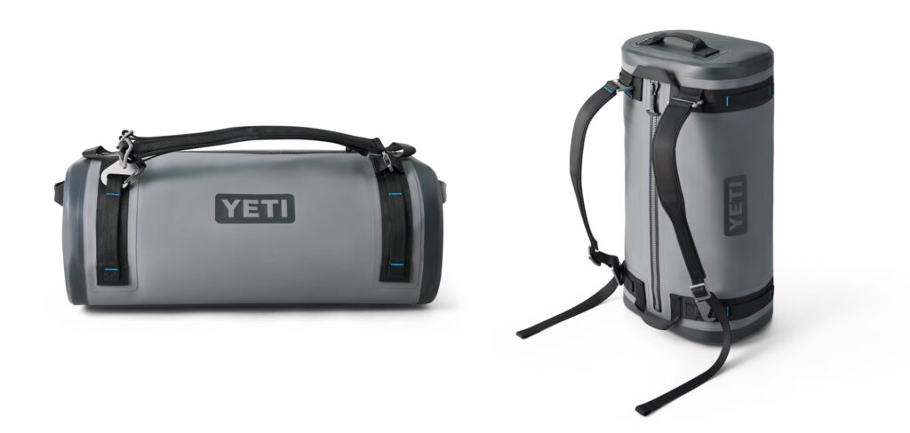 Two angles of the Yeti Panga Waterproof Duffel in grey