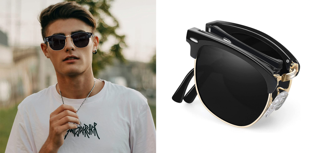 Person wearing Joopin Polarized Foldable Sunglasses (left) and Joopin Polarized Foldable Sunglasses folded up (right)
